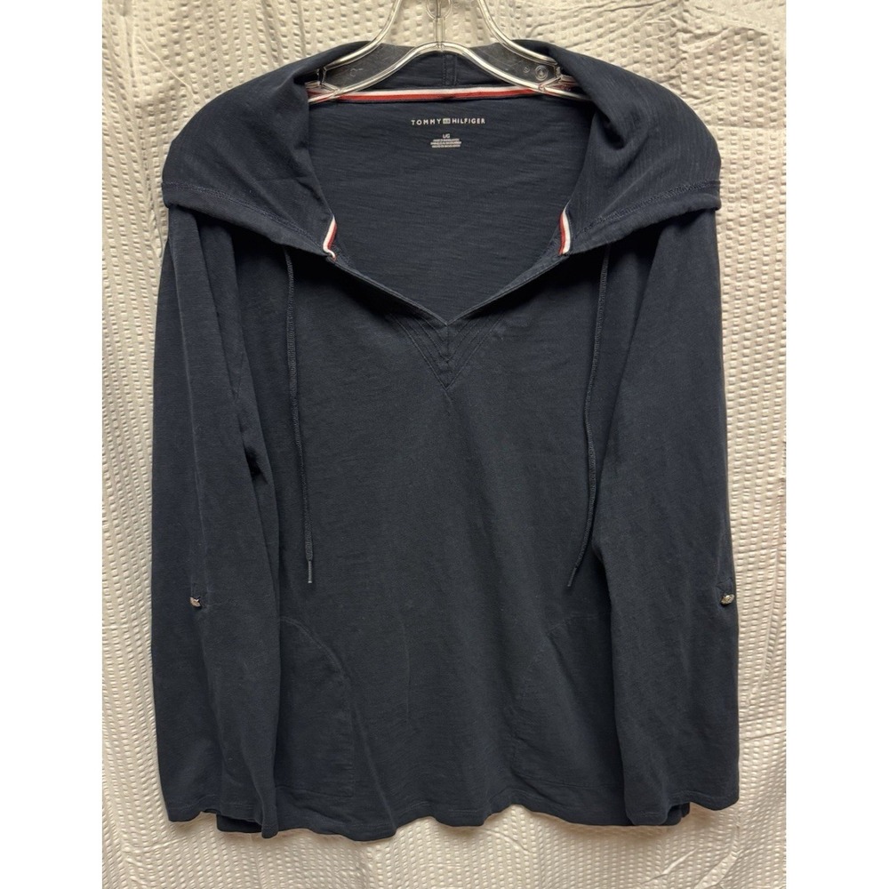 Tommy Hilfiger Women's 100% Pullover Hoodie Pockets Long Sleeve Navy SZ Large